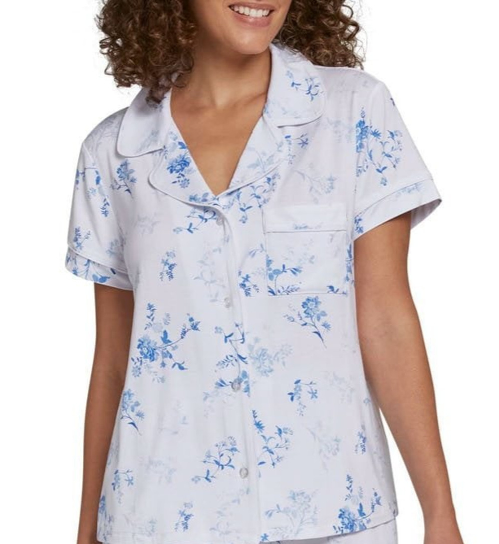 LOFT Pajama Top XL Floral Notch Collar Button Front Sleep Shirt White Blue